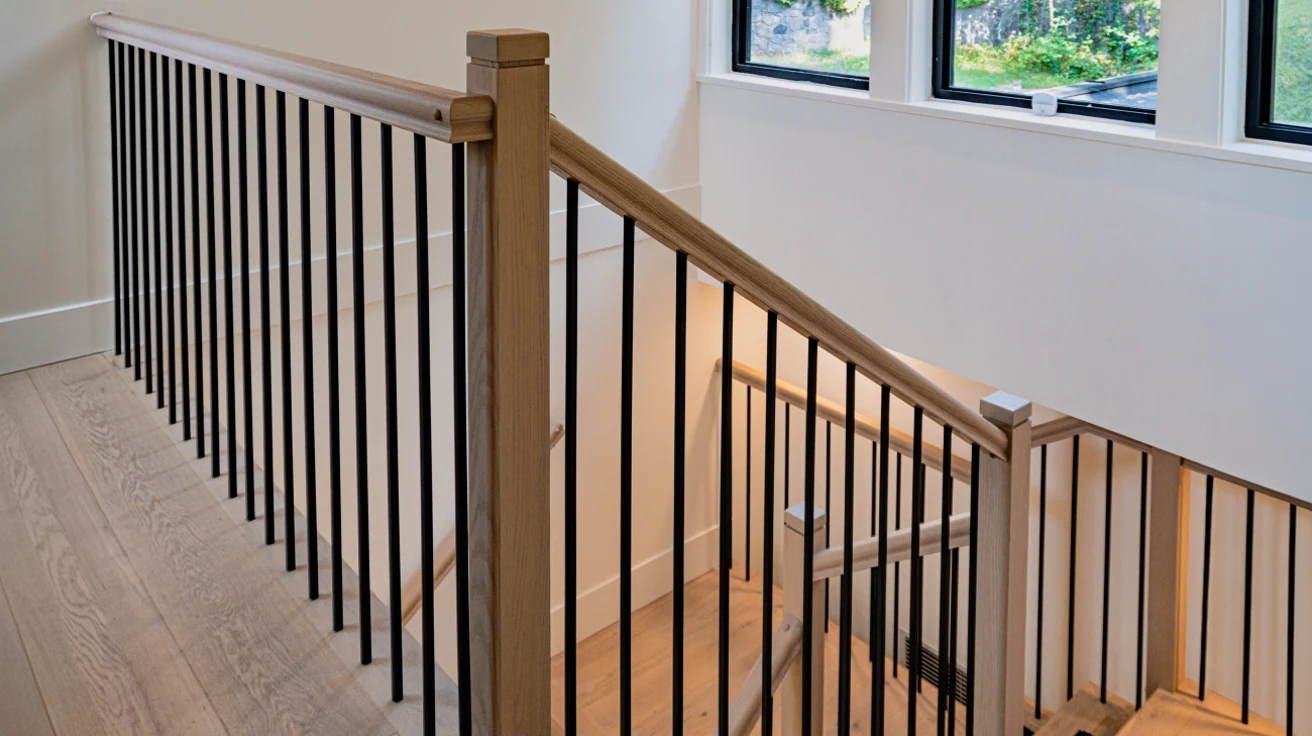 Custom staircase detail showcasing wood handrail, vertical black metal spindles, and contemporary millwork in Metro Vancouver home