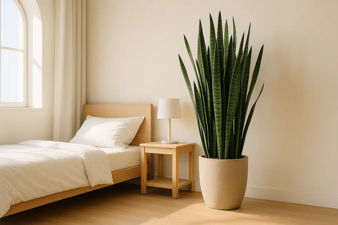 Bogenhanf steht neben einem Bett