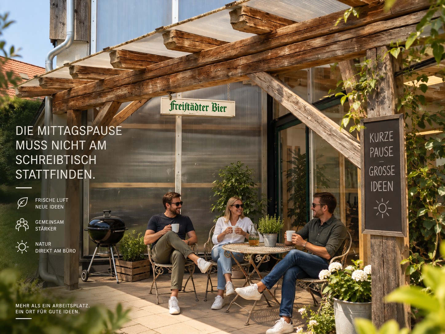 Nutzungsvisualisierung einer gemeinsamen Mittagspause auf der überdachten Terrasse