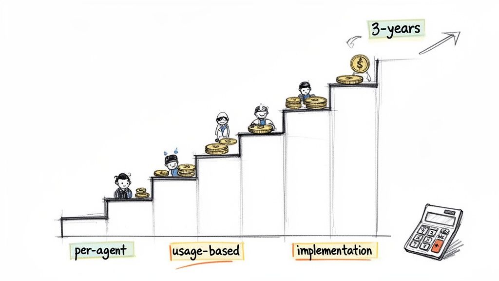 Illustration of a staircase showing different pricing models (per-agent, usage-based, implementation) and revenue growth over 3 years.