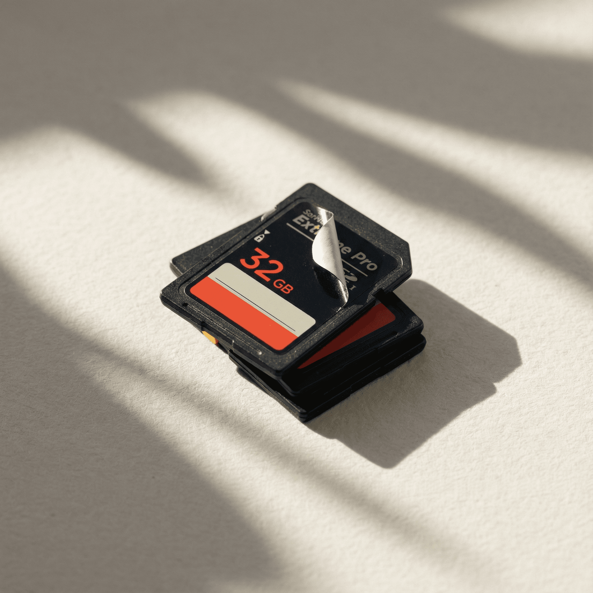 Stacked SanDisk Extreme Pro 32GB SD cards with peeling white sticker on beige surface, natural light shadows, memory card product shot.