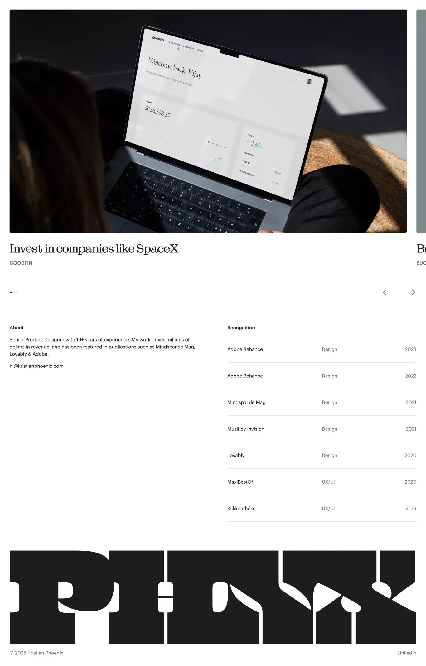 Kristian Phoenix - Senior Product Design portfolio page screenshot showcasing Design and Tech design