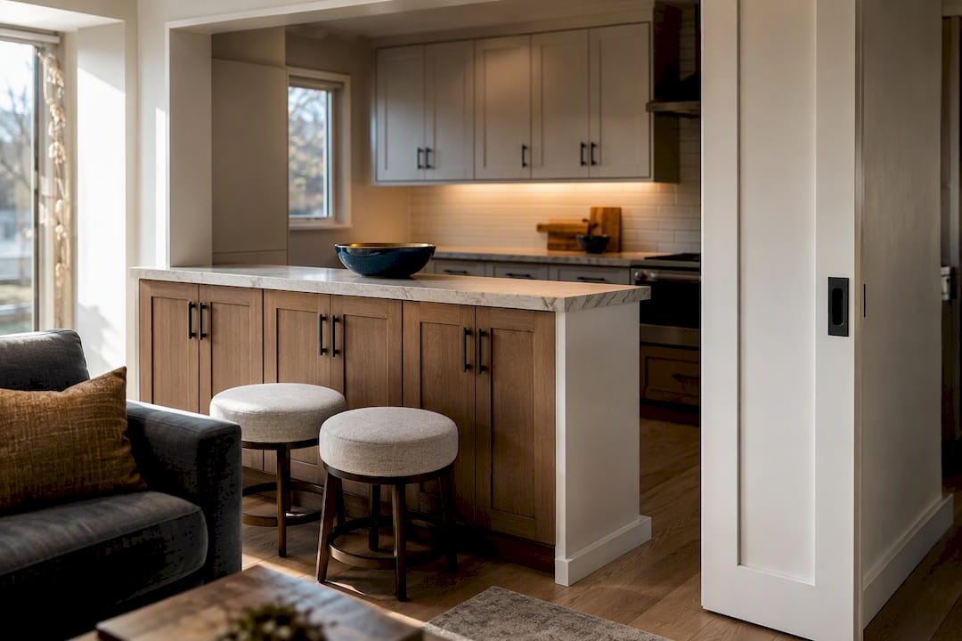 Semi-open kitchen with pocket door