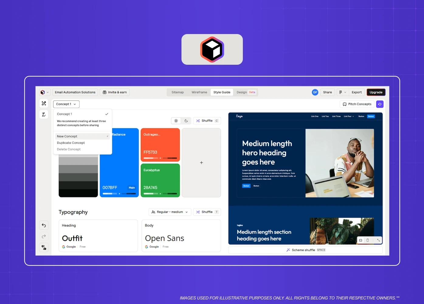 Visual interface for creating color palettes, typography, and component systems for websites.