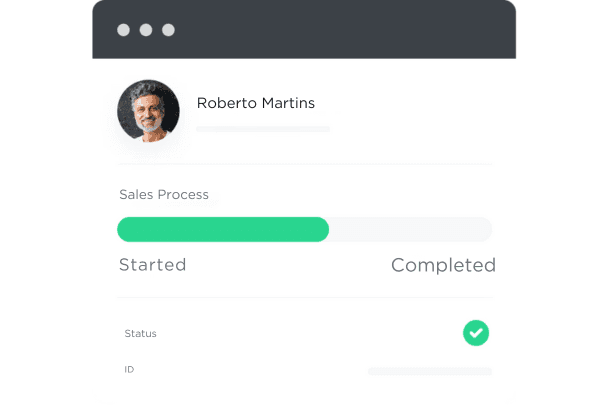 Sales process tracker for Roberto Martins, displaying progress from start to completion with a green progress bar and status checkmark, illustrating the effective business management tools available through UK Company Formations' services.