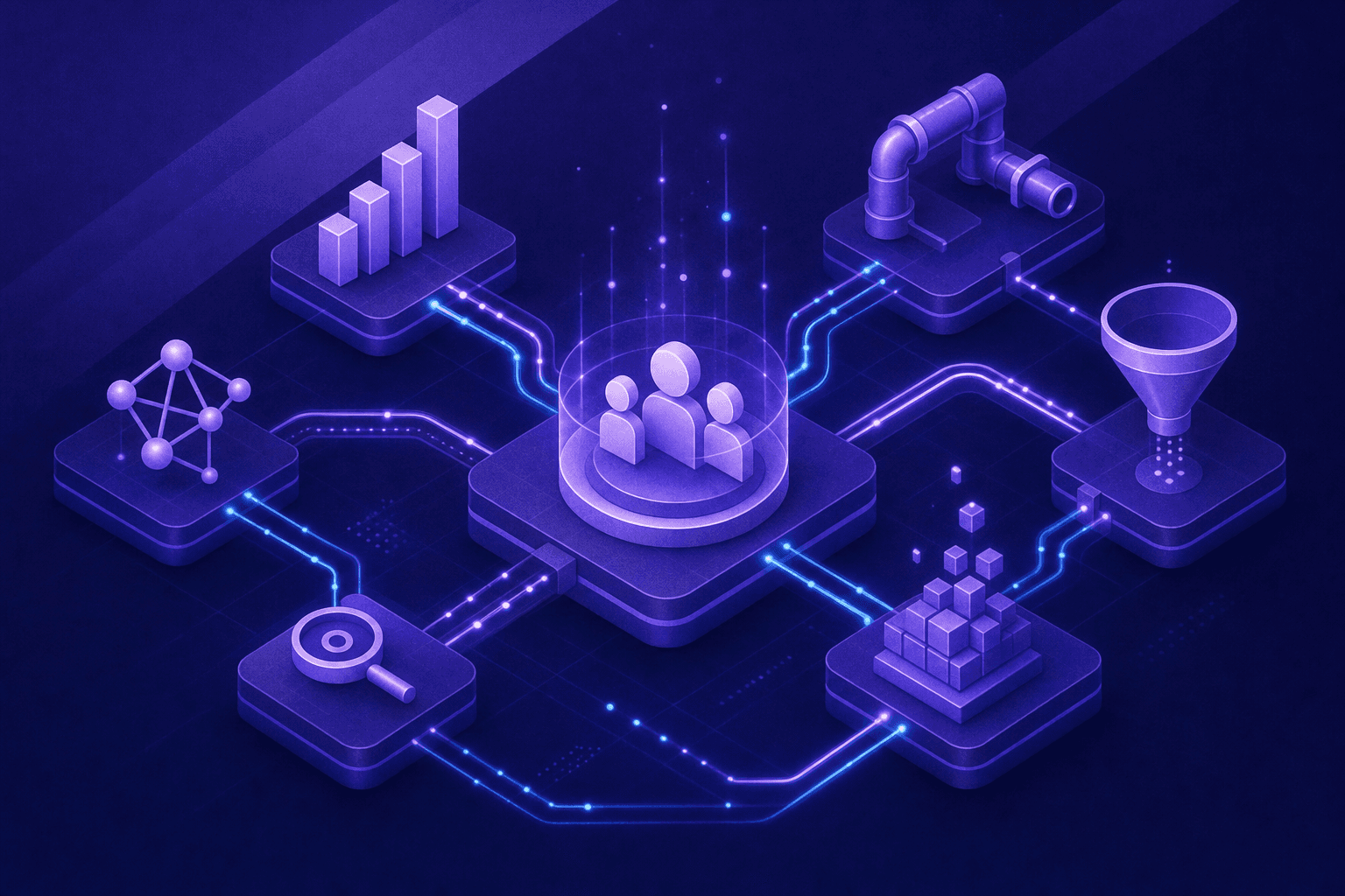 A futuristic digital network visualization showing interconnected nodes and data flows representing an AI-powered customer platform, with glowing blue and purple circuit-like pathways connecting abstract business icons such as graphs, pipelines, and funnel shapes, all seamlessly linked in a unified ecosystem, dark background with vibrant neon accents, isometric perspective, clean modern design