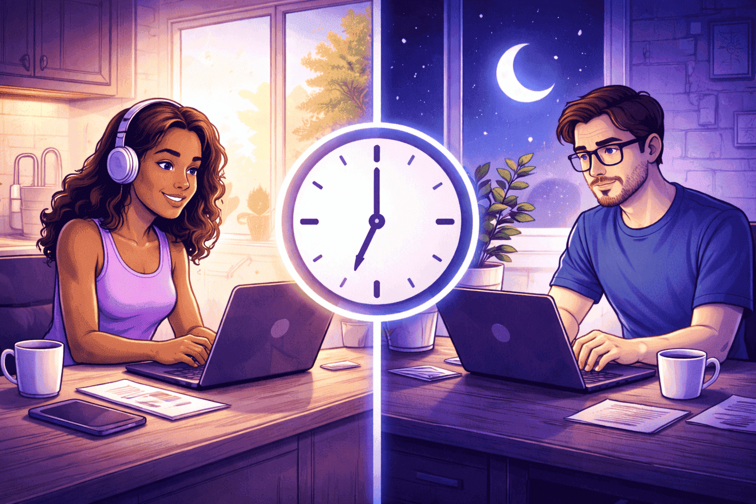 Employees working at different times of day, illustrating flexible work hours and productivity across individual schedules