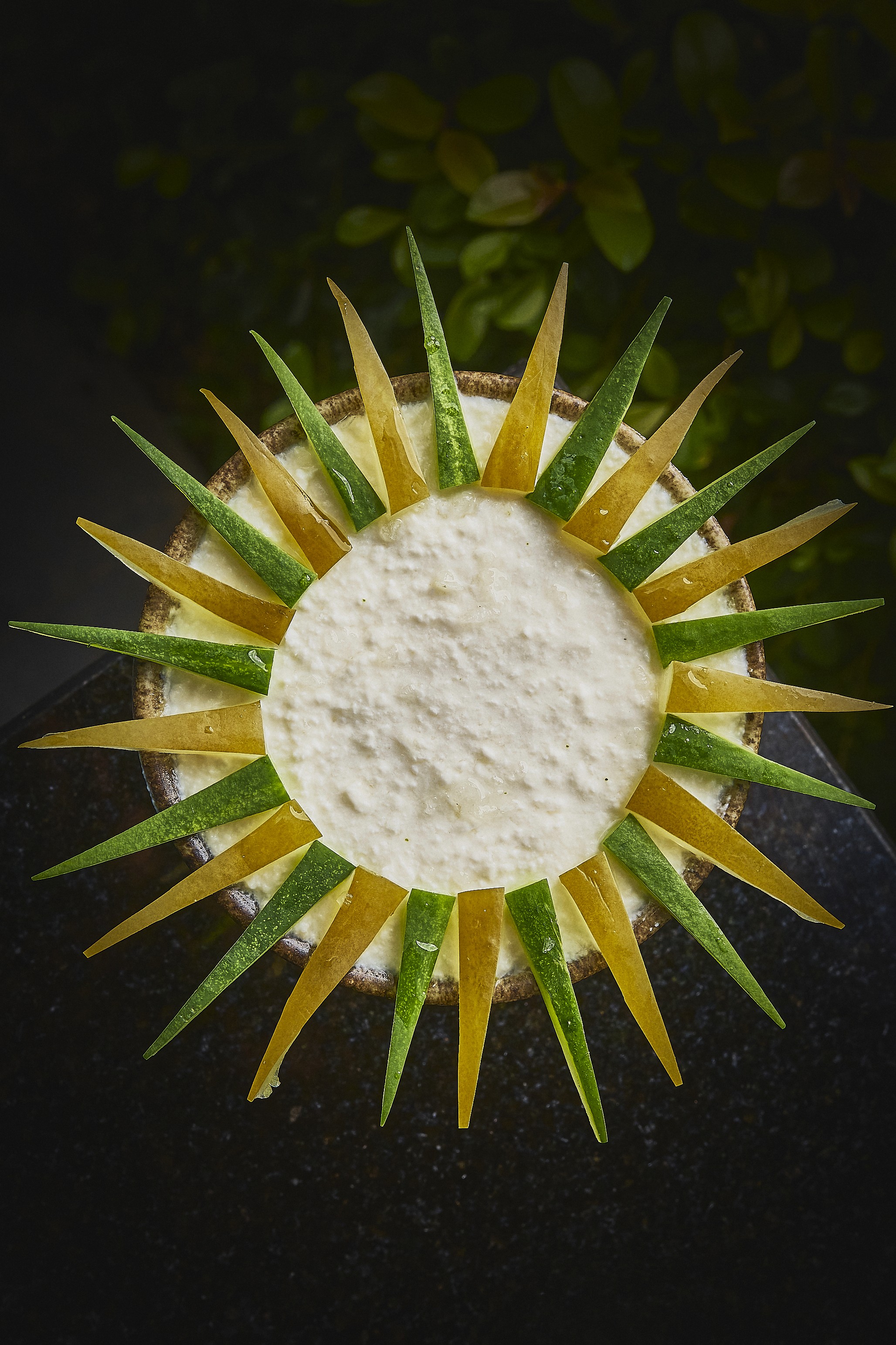 Fresh Goat's Cheese From Our Farm, Cucumber, Green Salsa Macha, Green Rice