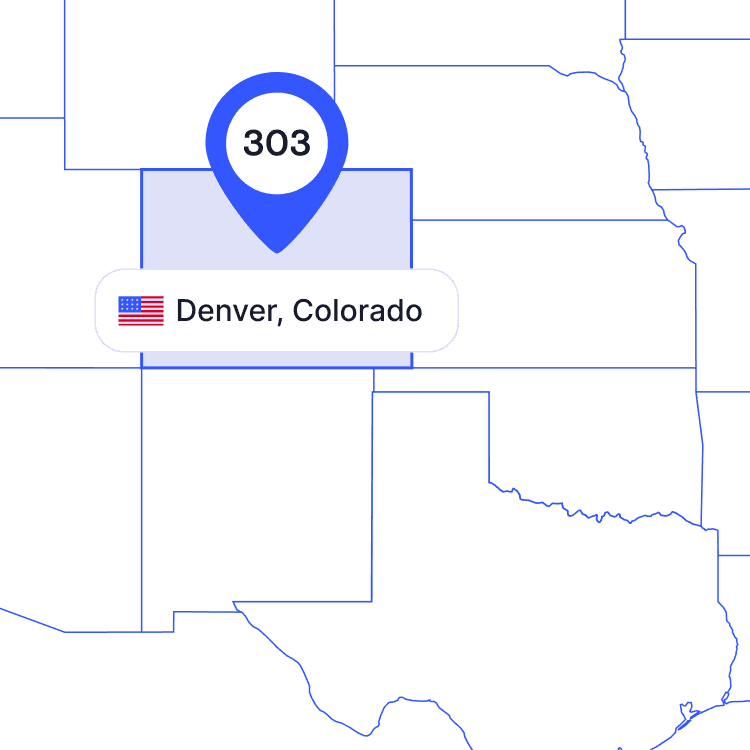 US map of 303 area code phone numbers and its coverage region