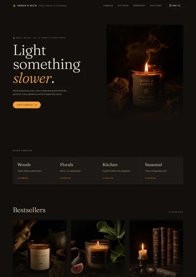 Candle shop website built with AI showing a dark candlelit hero, amber accents, scent families and bestseller candles