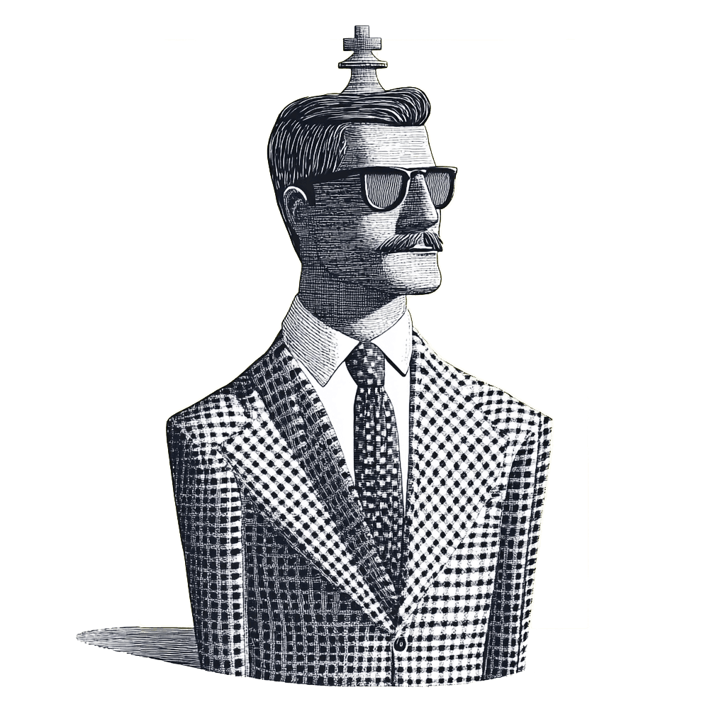 Illustration of a man in a checkered suit, wearing glasses and a head decoration, looking to the side.