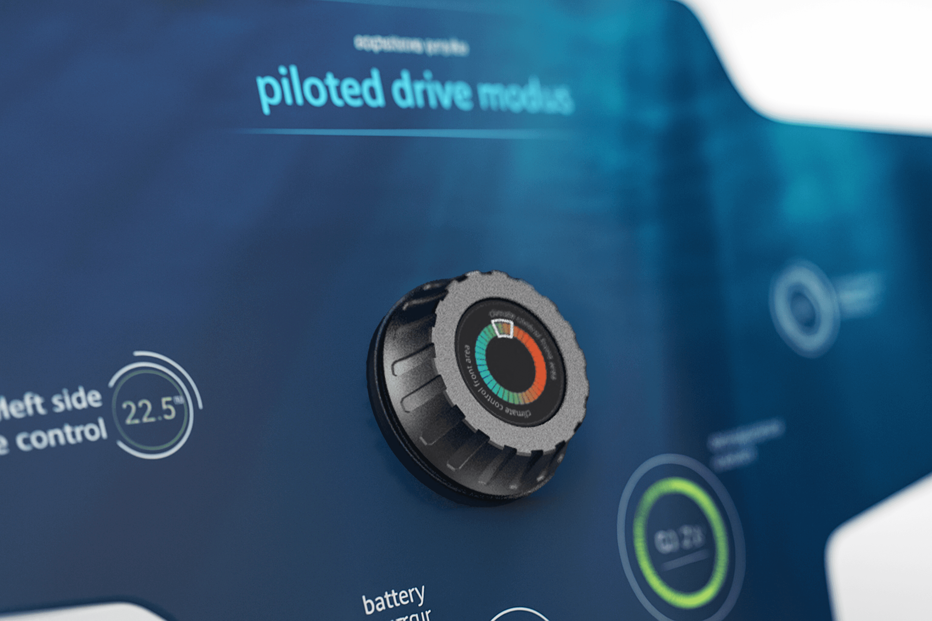 Concept visualization of MMUI rotary controller with interface annotations highlighting functions and user interaction.