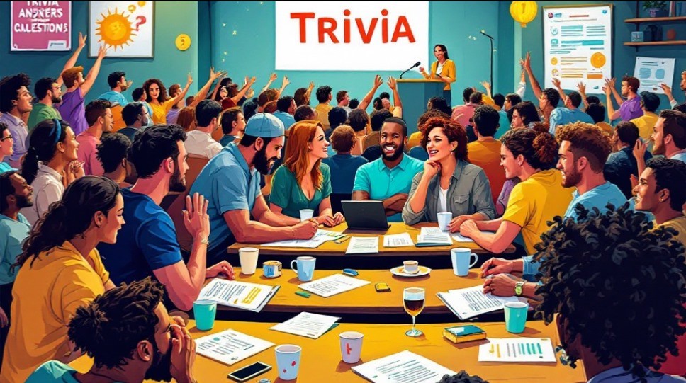 A group of friends gathered around a table, laughing and discussing answers while playing a trivia game. The atmosphere is lively and fun, with colorful game cards and a scoreboard in the background.