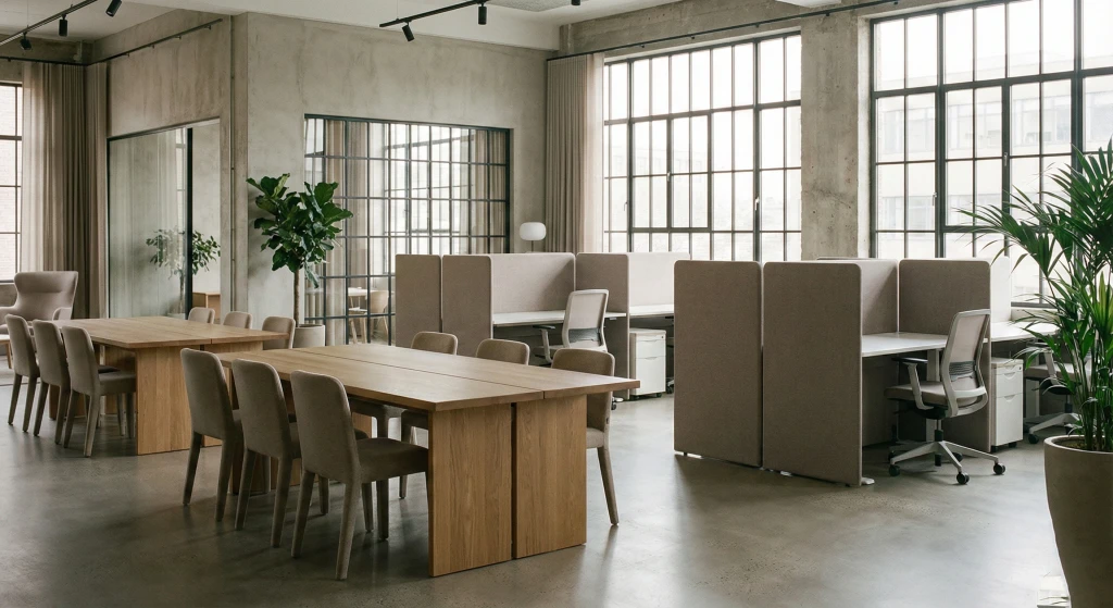 Modern office interior, minimal and flexible workspace layout, balance of collaboration zones and private desks, natural daylight through large windows, muted neutral tones, realistic textures (wood, fabric, glass, concrete)
