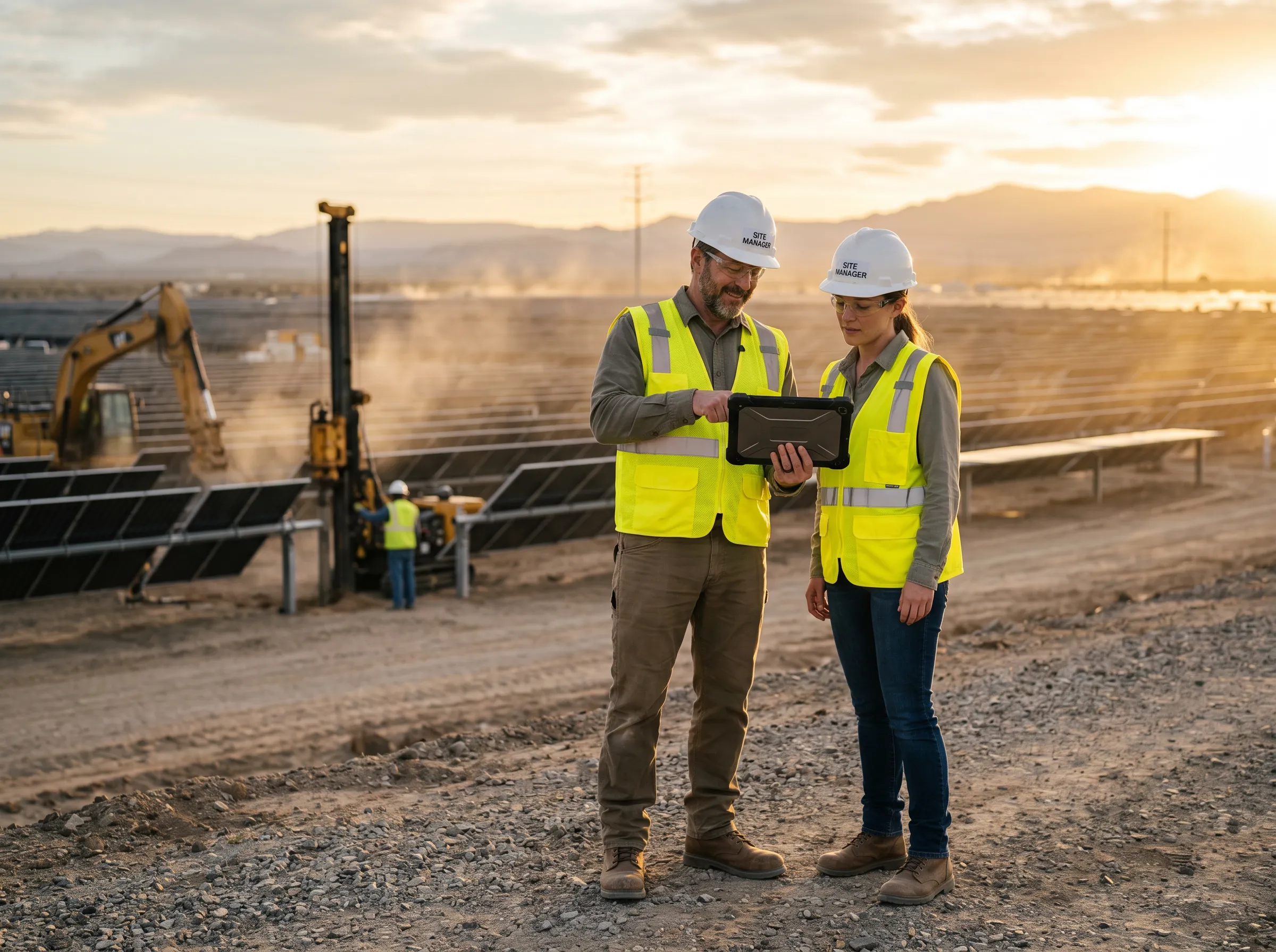 Two construction workers in safety vests and helmets stand at a solar farm, reviewing a tablet while heavy equipment operates in the background.