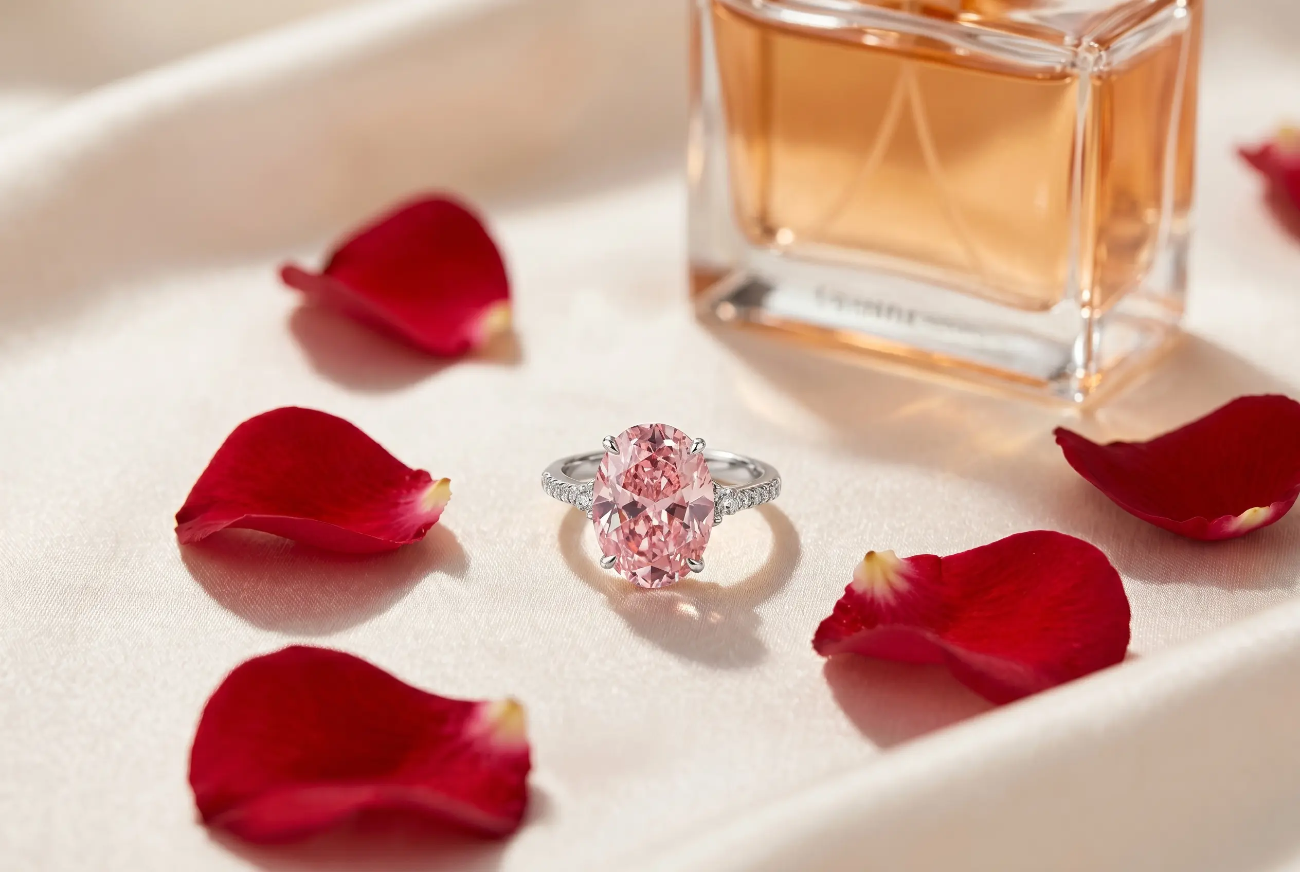 Face-up shot of a PINK CVD Engagement Ring by Lab Grown Dreams Thai.