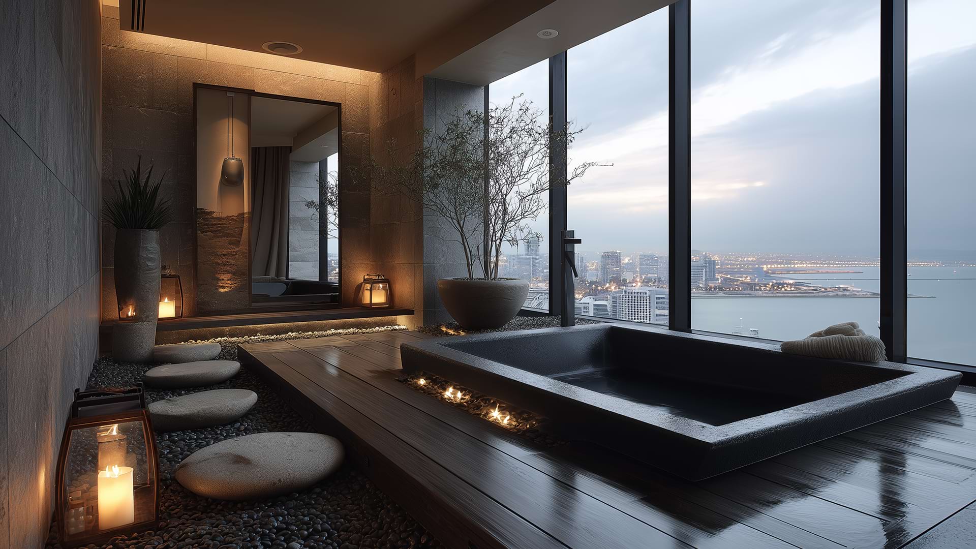 Luxurious spa bathroom with a sleek black tub, surrounded by candles and natural decor. Floor-to-ceiling windows offer a serene city and ocean view.
