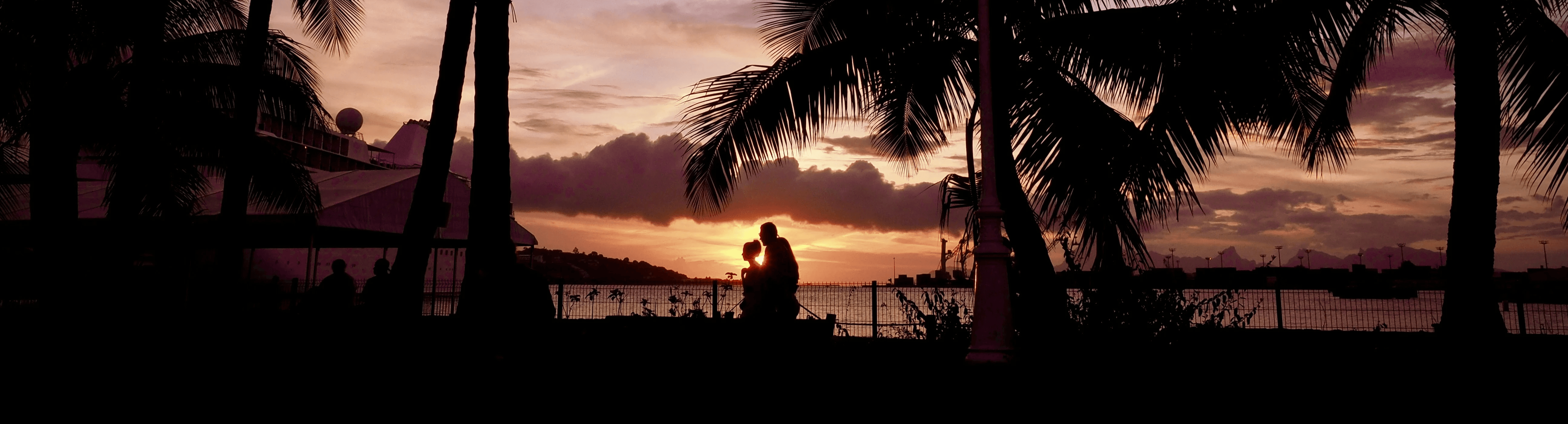 silhouette of people standing near body of water during sunset