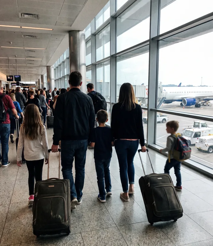 Family walking through an airport departure lounge
