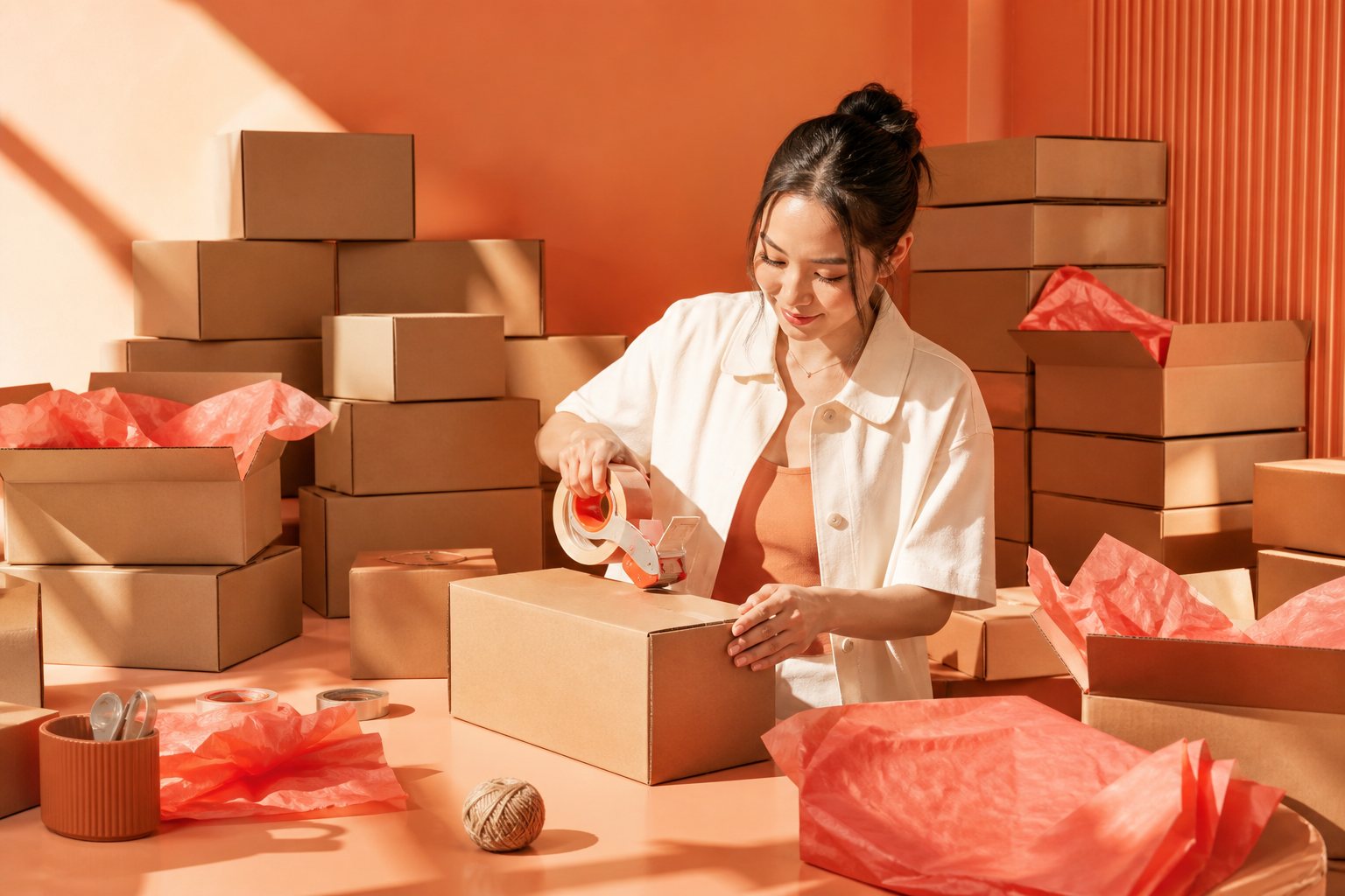 Stacks of kraft shipping boxes with coral tissue spilling out, a woman sealing one