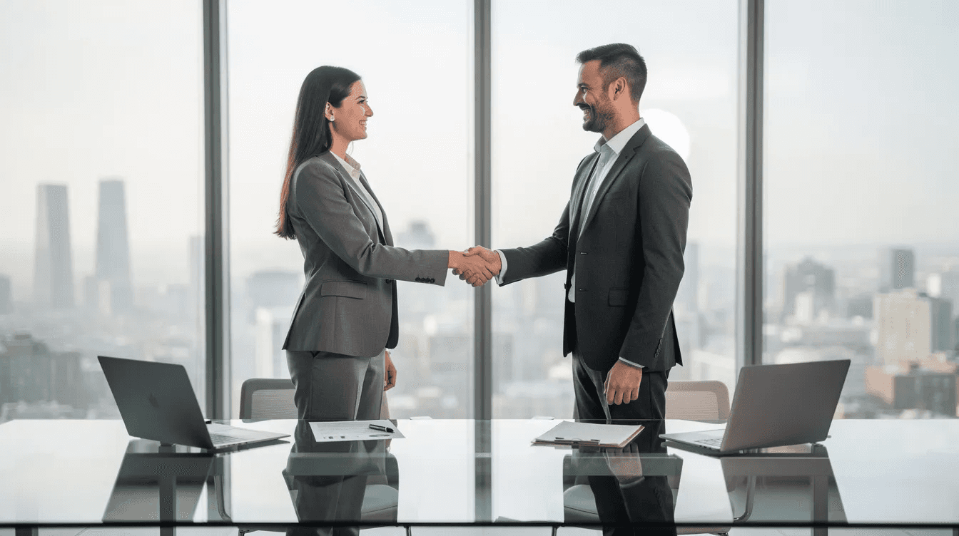 The image depicts two professionals shaking hands in an office setting, symbolizing a partnership in financial planning. This interaction highlights the importance of choosing the right financial advisor for effective retirement planning and achieving financial stability.