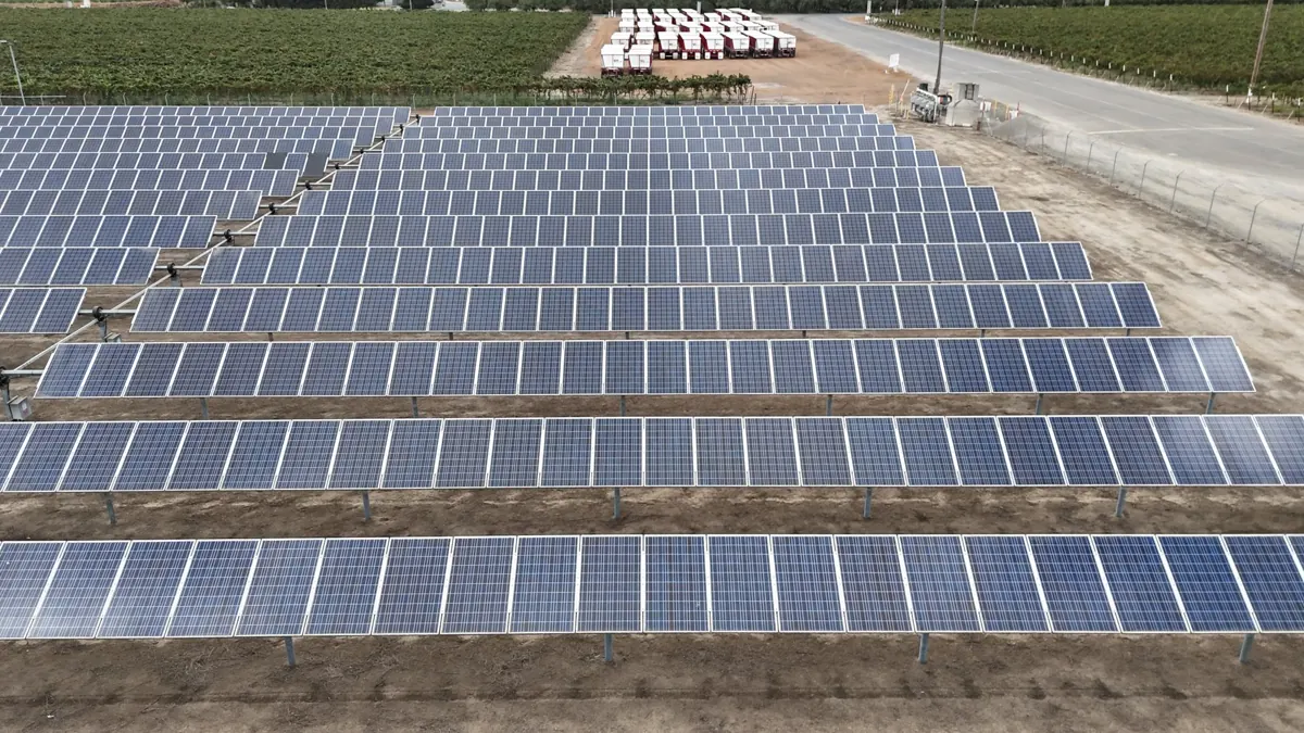 Drone view of a ground-mount solar array at Ripon Wine Group near Ripon, CA