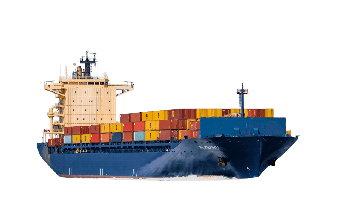 A large cargo ship sailing on water, featuring containers on its deck and a clear blue sky in the background.