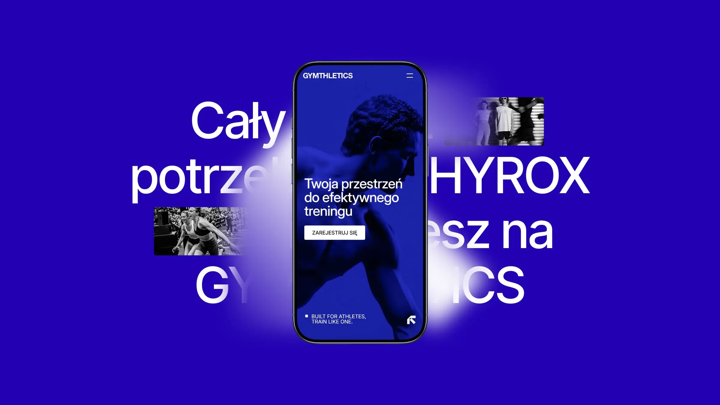 Mobile landing page design for Gymthletics gym, featuring bold typography, athletic imagery, and a blue color theme.