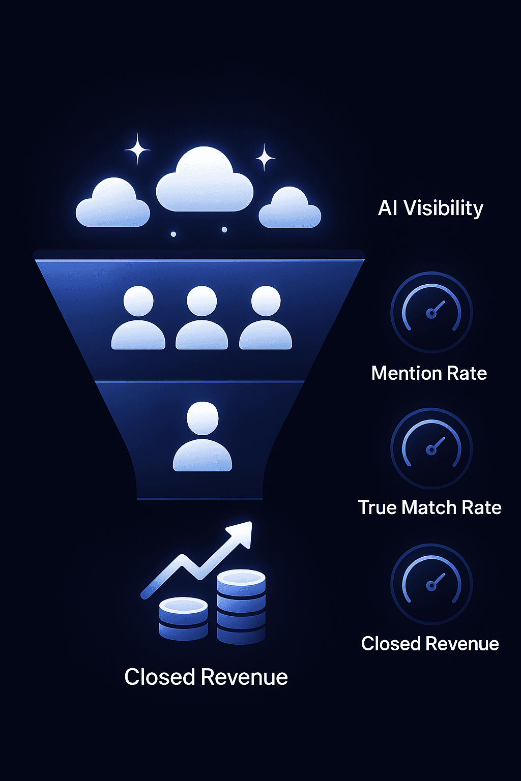 Funnel graphic linking AI visibility at top to identified visitors and revenue at bottom