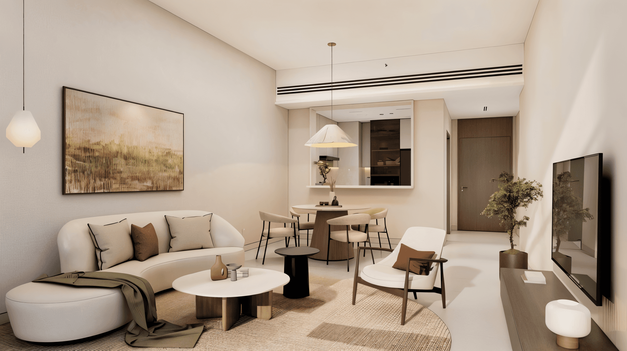 Contemporary living room with a couch, coffee table, and TV, providing a view of Boulevard Park.