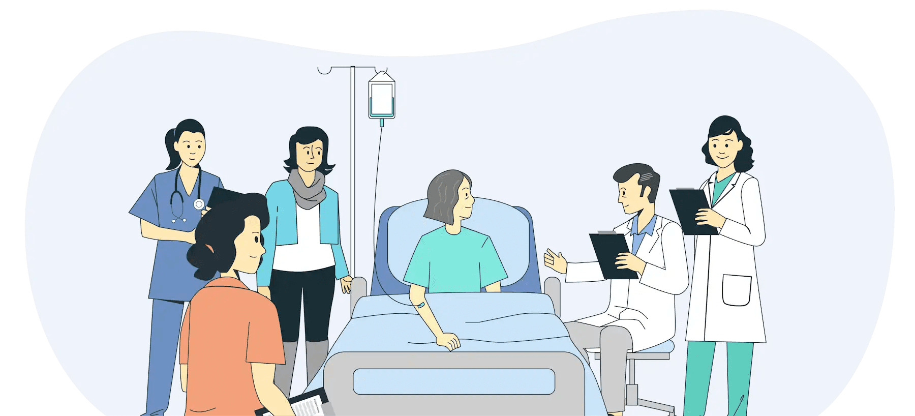 Animation style SIBR team at bedside with patient and family
