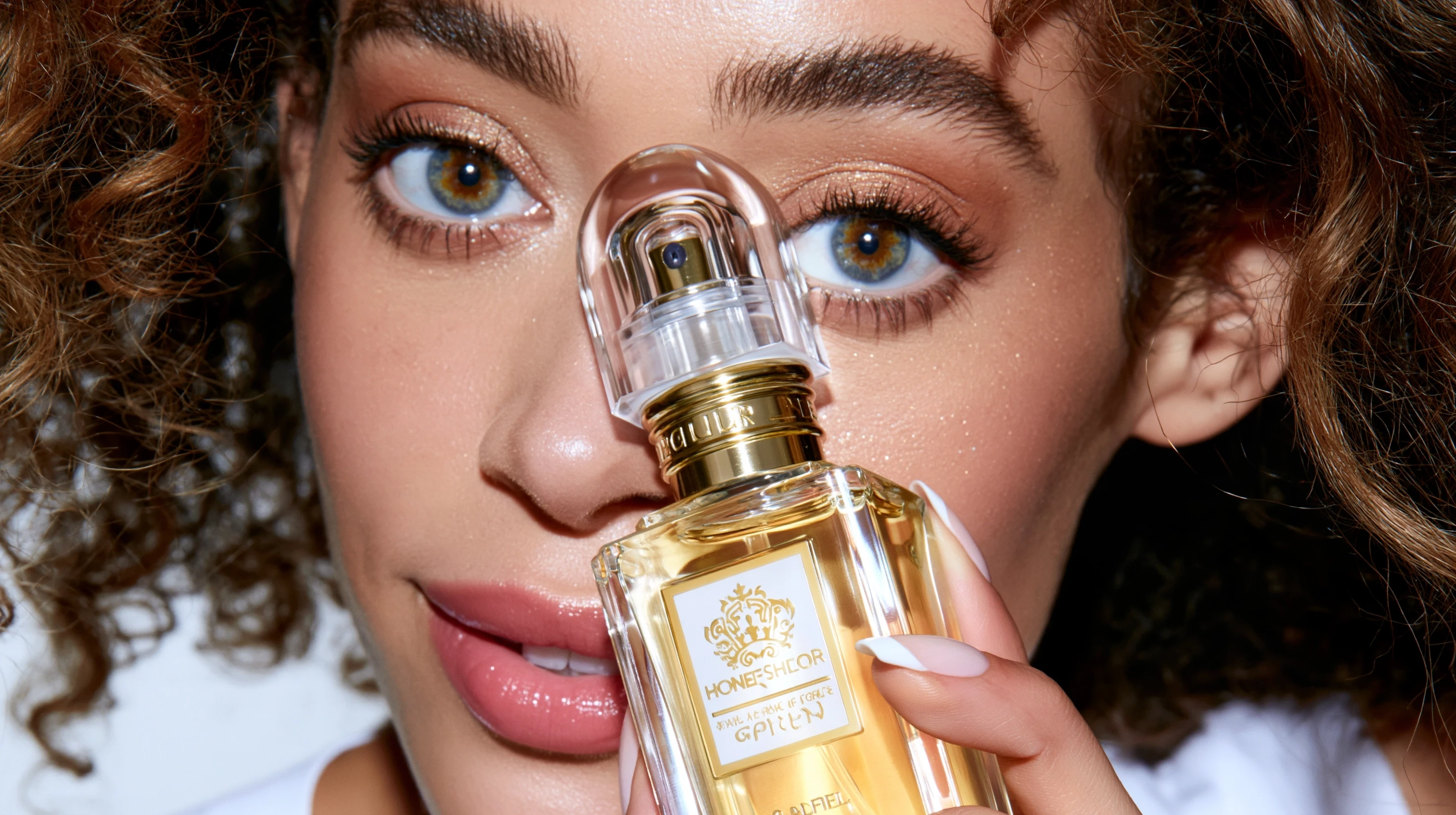 Close-up of a curly-haired woman holding a clear perfume bottle with golden liquid and a transparent cap.