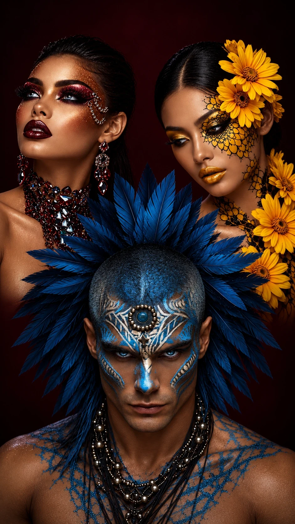 Three makeup portraits: ruby crystals, blue feathers and yellow flowers.