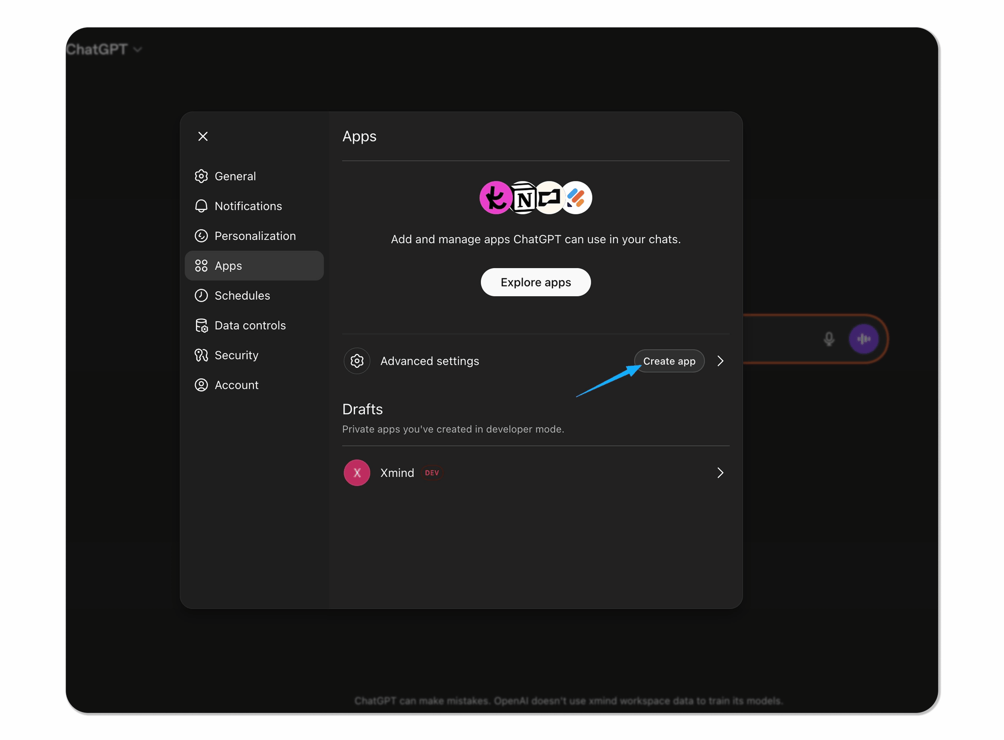 ChatGPT app creation flow with the Xmind MCP Server URL entered.