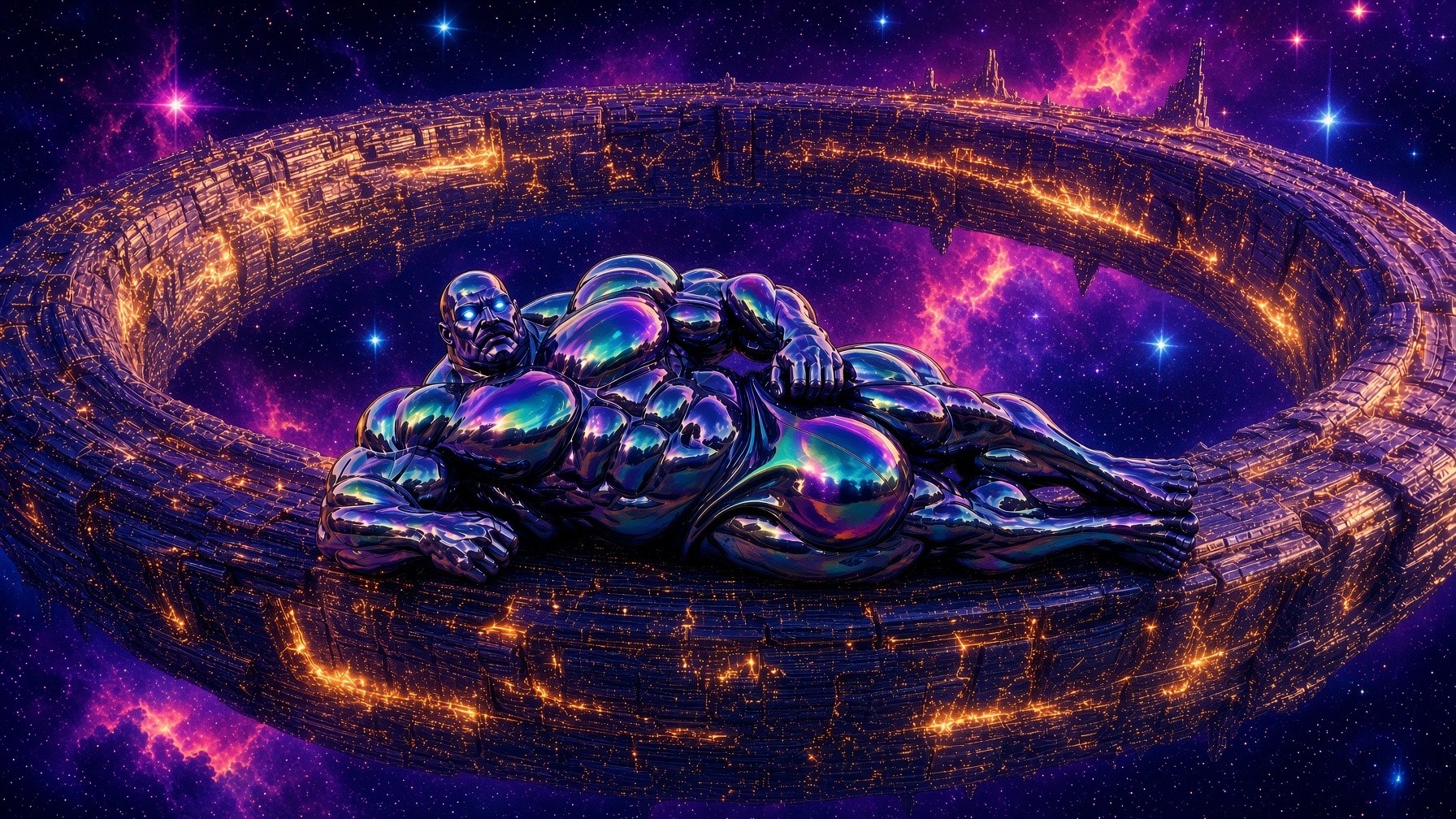 the iridescent titan, at rest on the ring