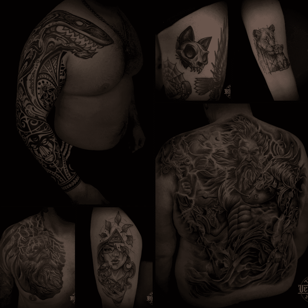 Kolarz z różnymi tatuażami.