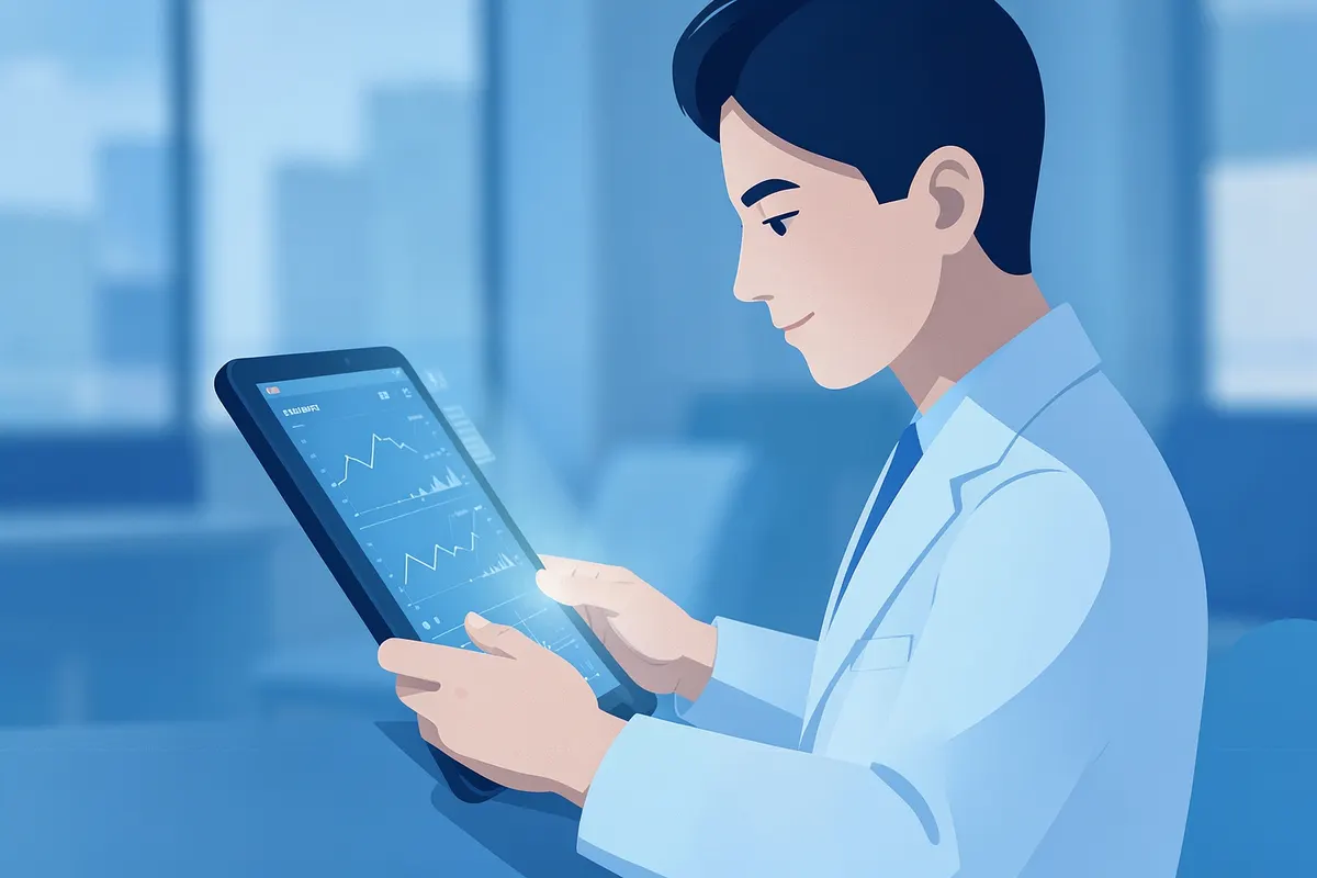 A doctor reviewing patient data on a tablet.