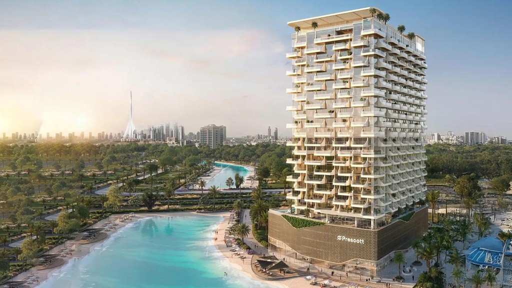 The Caden by Prescott under construction, showcasing a modern tower rising in Dubai's skyline.