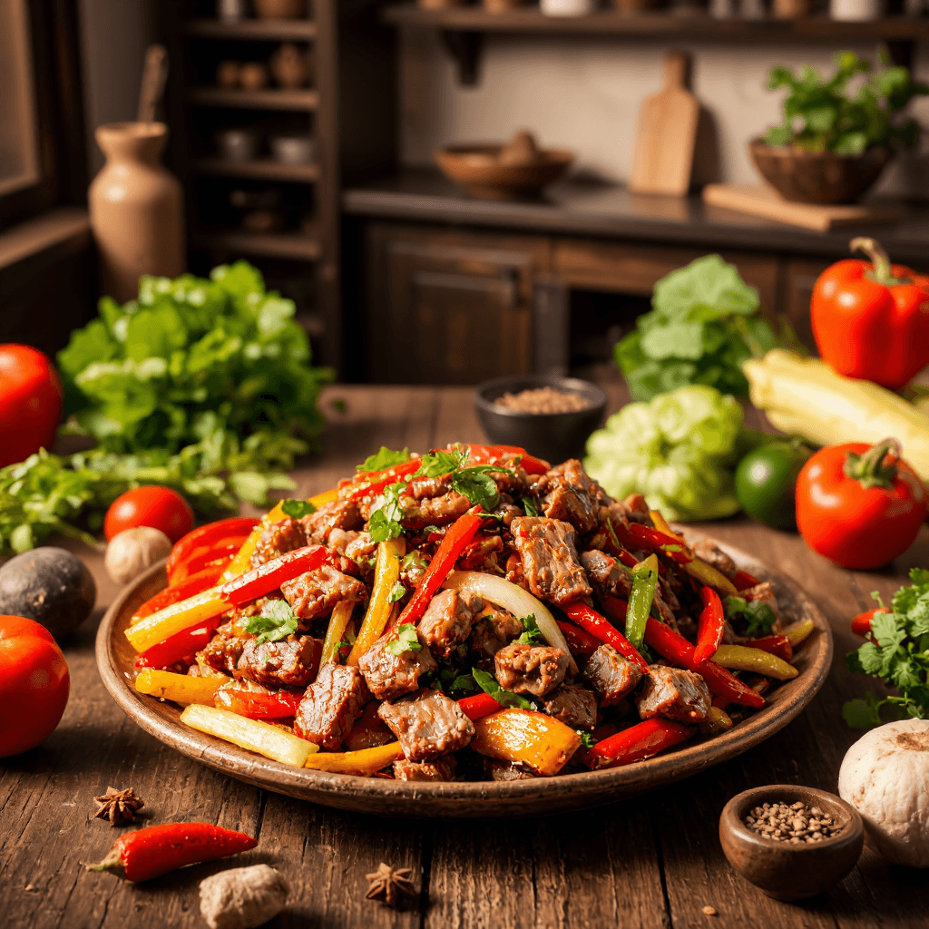 product photography of a plate of stir-fried meat with vegetables