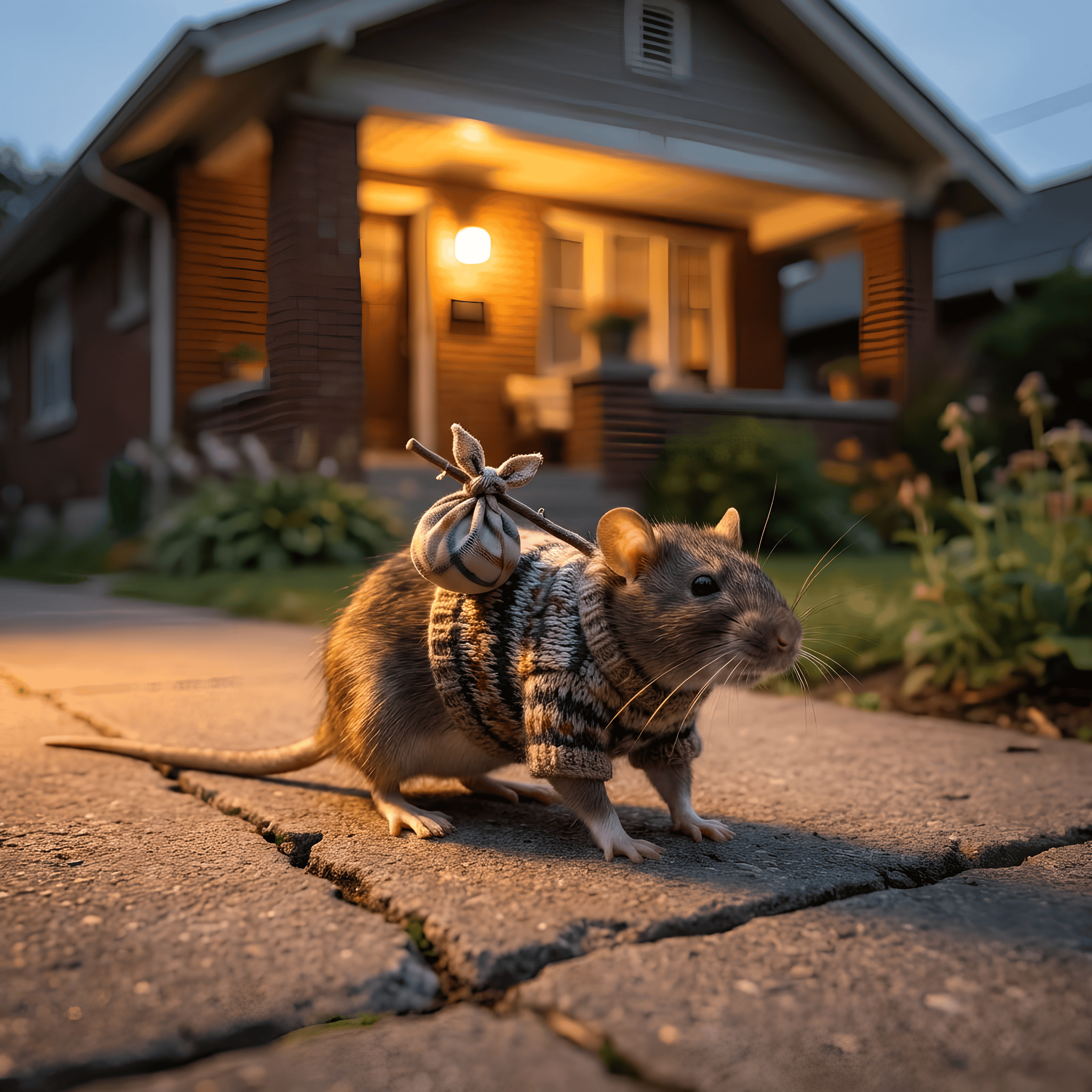 Realistic rat in a tiny sweater walking toward a brick St. Louis bungalow at dusk