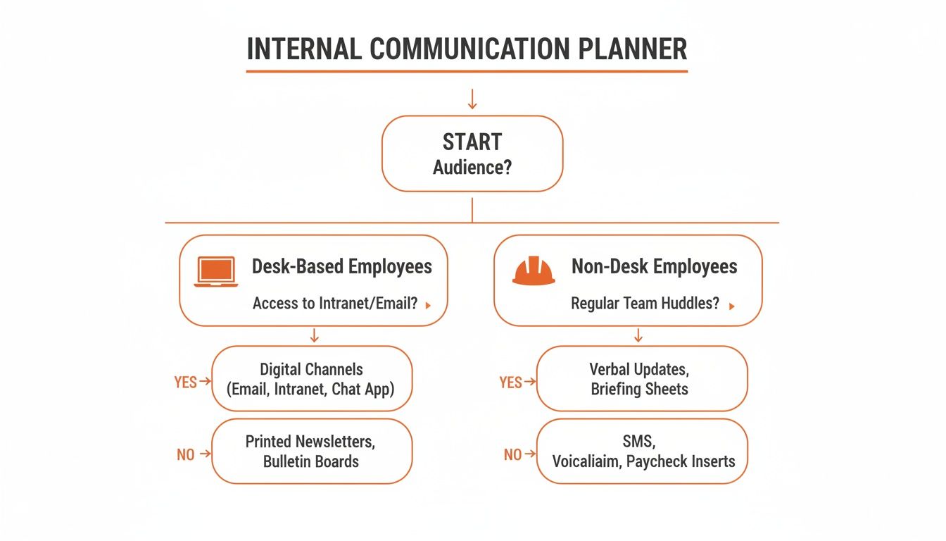 Flowchart illustrating an internal communication planner for different employee types and their channels.