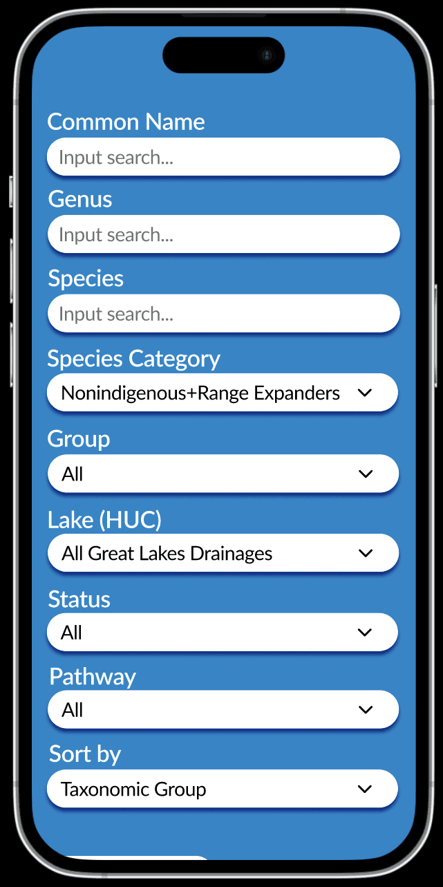 iphone mockup of the species list generator feature for the GLANSIS website