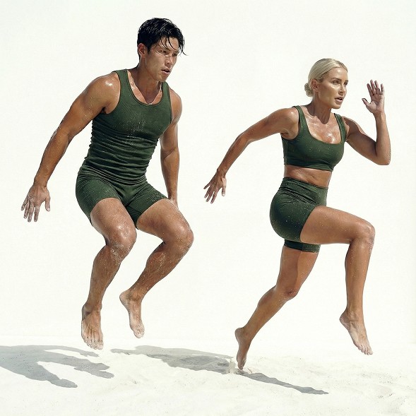 Man and woman in olive activewear performing explosive jumps during a HIIT session at MokoBoko Lisbon