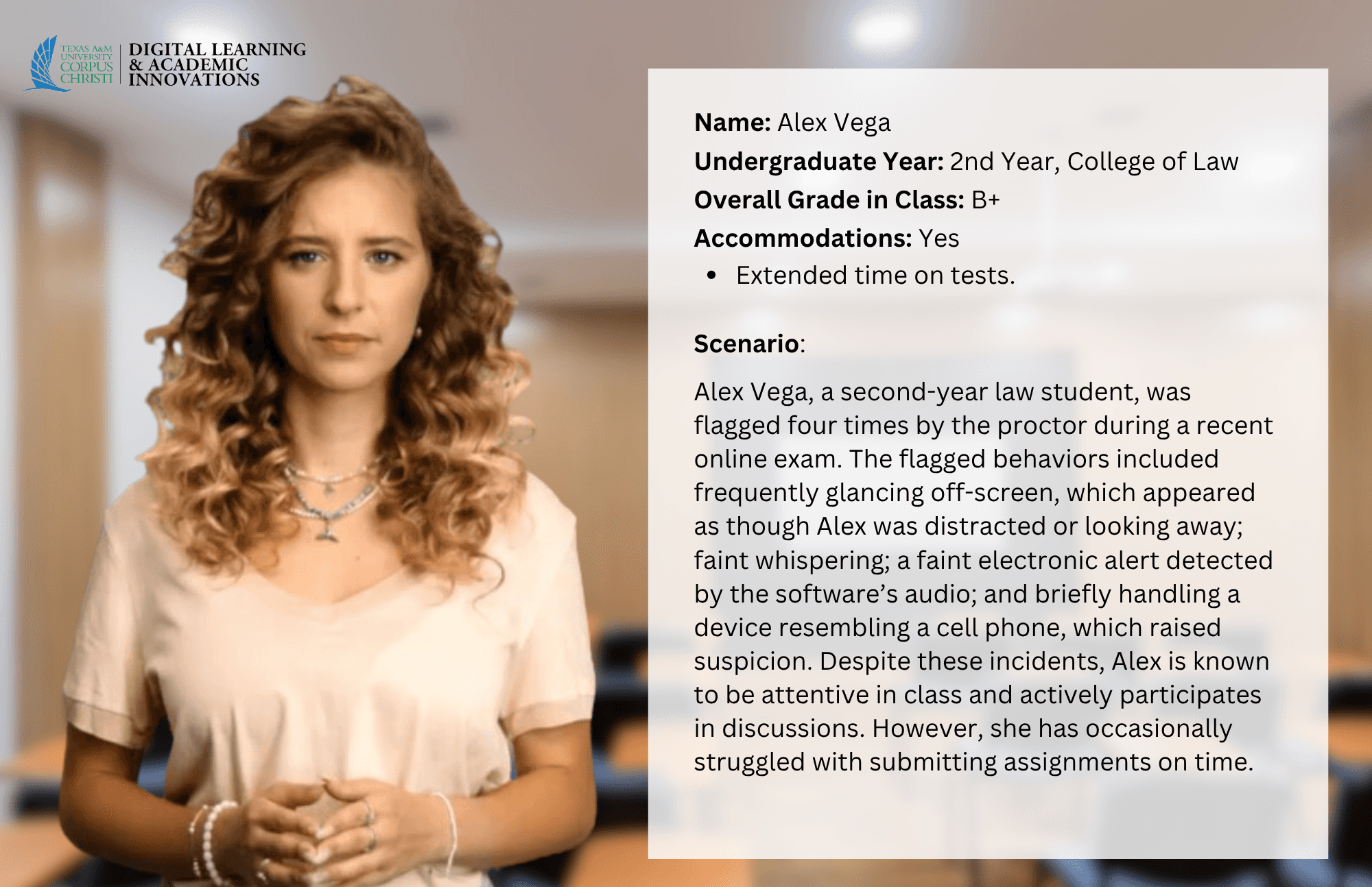 Fictional student scenario describing four flagged exam behaviors and background information for a faculty discussion.