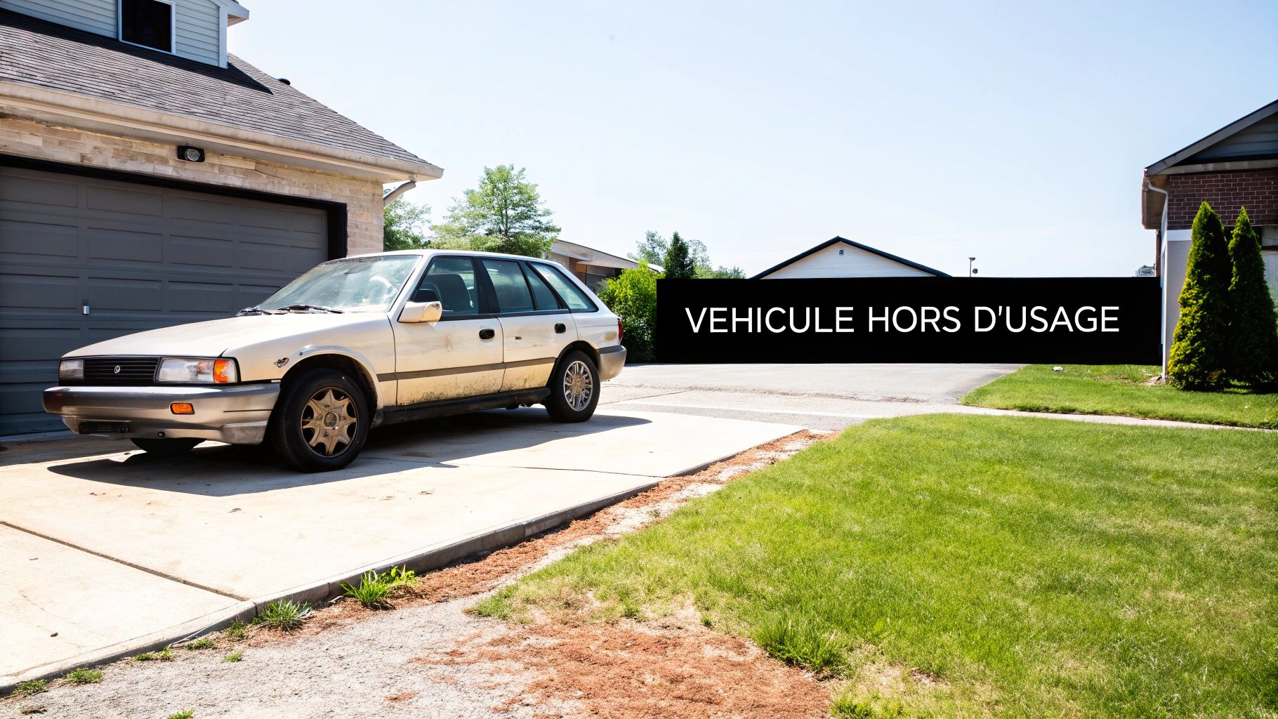 Voiture beige sale garée sur une allée devant une maison résidentielle, avec le texte 