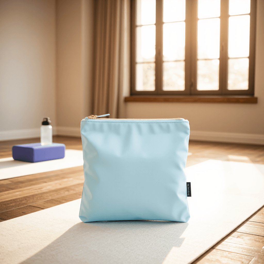 product photography of a zippered pouch for yoga accessories