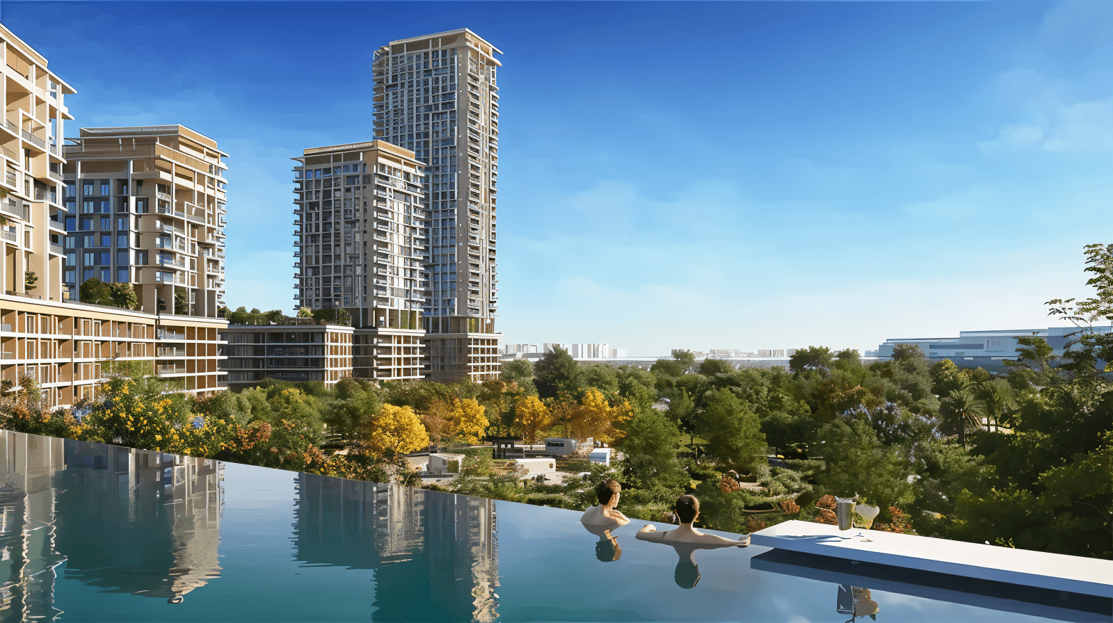 Newly constructed apartments at the marina in Dubai, with Boulevard Park in the vicinity, emphasizing modern design.
