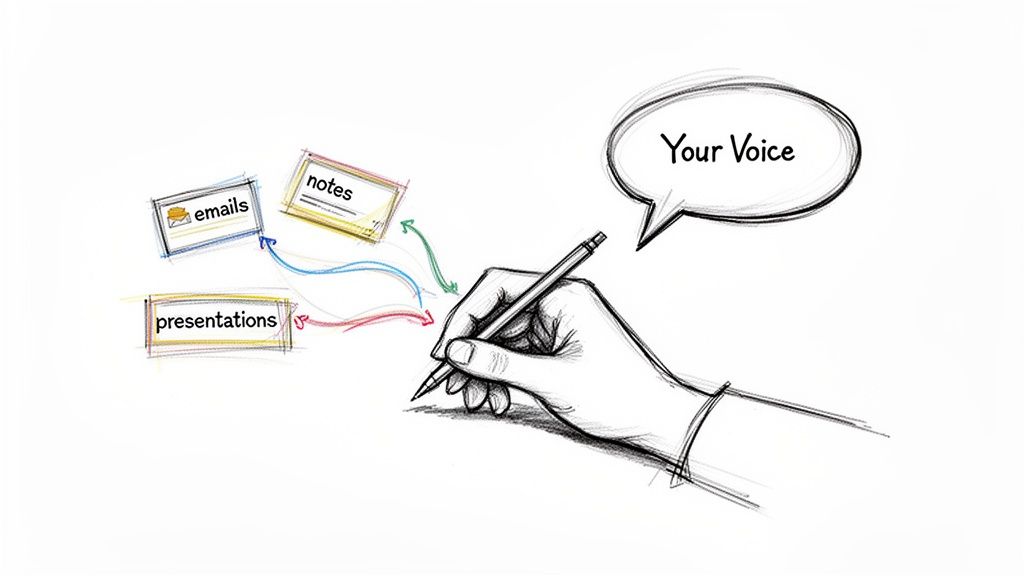 A sketch shows a hand writing, connecting 'Your Voice' to emails, notes, and presentations.