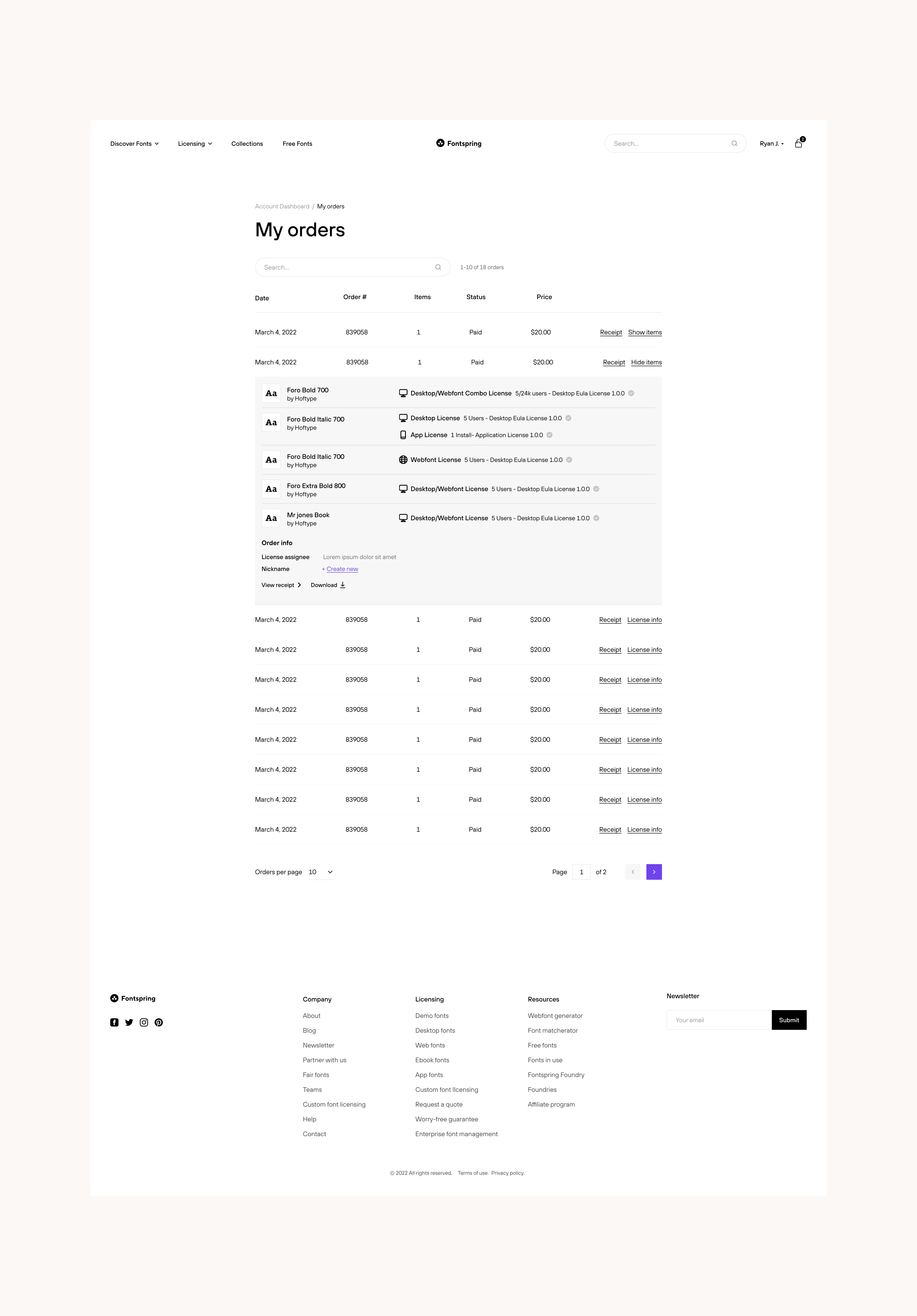 Expanded table with order details and links to download