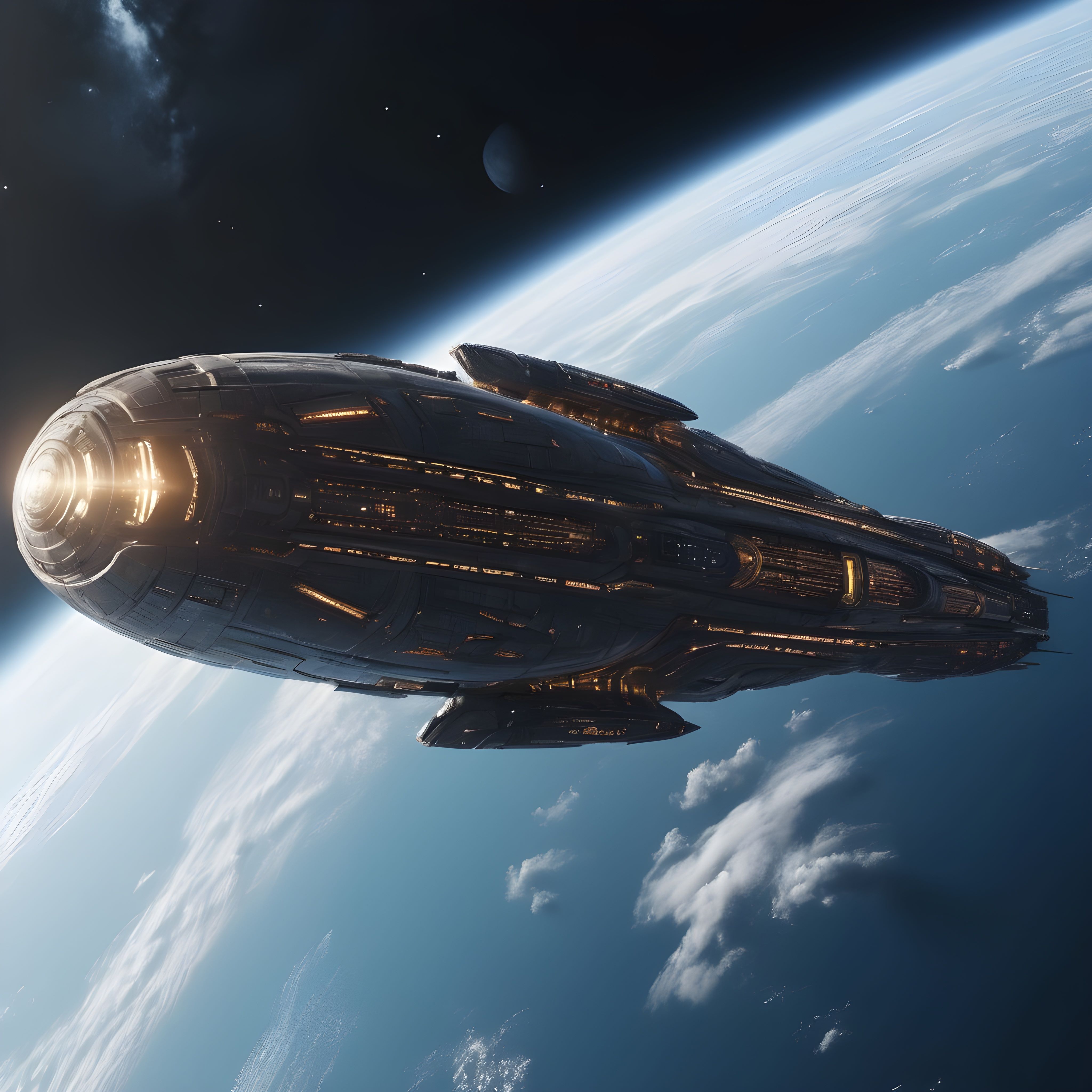 A futuristic long brown and amber teardrop shaped spaceship in orbit above a planet.